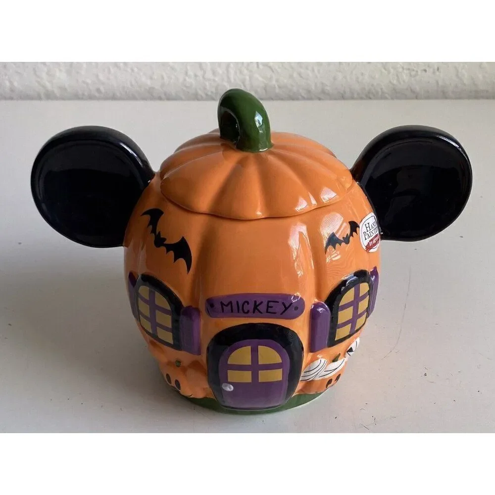 Disney Mickey‎ Mouse Halloween Pumpkin Haunted House Ceramic Cookie Jar NEW